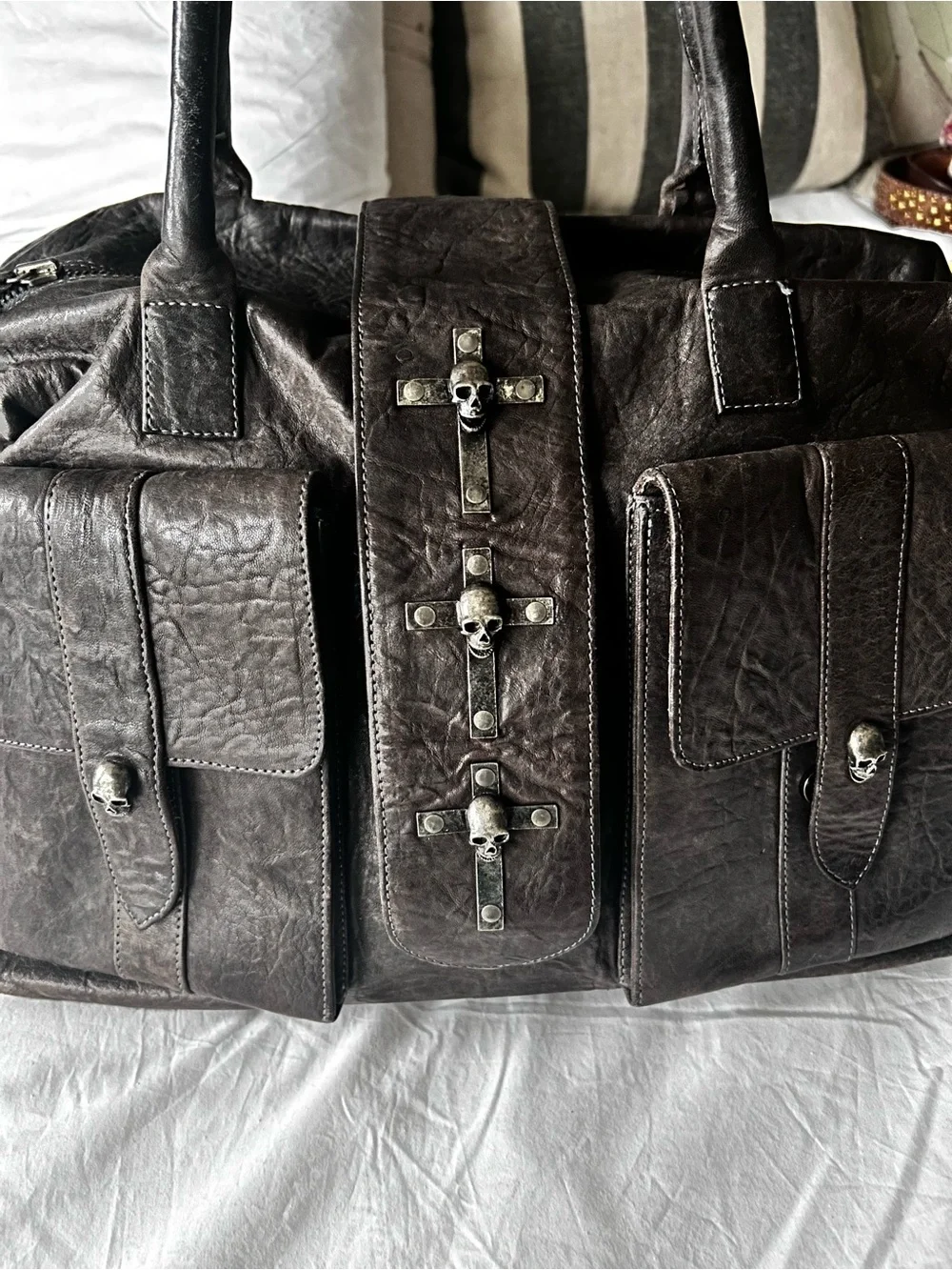Thomas Wylde Grey Leather Duffel type Tote Bag with Front Skull Pockets